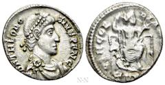 Roman Imperial Coins THEODOSIUS I (379-395). Siliqua. Treveri. Obv: D N THEODOSIVS P F AVG. Pearl-diademed, draped and cuirassed bust right. Rev: CONCORDIA AVGGG / TRPS. Constantinopolis enthroned fac
