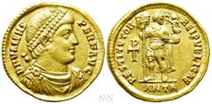 Roman Imperial Coins VALENS (364-378). GOLD Solidus. Antioch. Obv: D N VALENS PER F AVG. Diademed, draped and cuirassed bust right. Rev: RESTITVTOR REIPVBLICAE / ANTA. Valens standing facing, head rig