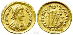 Roman Imperial Coins HONORIUS (393-423). GOLD Solidus. Ravenna. Obv: D N HONORIVS P F AVG. Diademed, draped and cuirassed bust right. Rev: VICTORIA AVGGG / R - V / COMOB. Honorius standing right, with