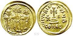 Byzantine Coins HERACLIUS with HERACLIUS CONSTANTINE and HERACLONAS (610-641). GOLD Solidus. Constantinople. Dated IY 10 (636/7). Obv: Heraclius, Heraclius Constantine and Heraclonas standing facing, 