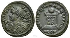 Roman Imperial Coins CRISPUS (Caesar, 316-326). Follis. Londinium. Obv: CRISPVS NOBIL C. Laureate and cuirassed bust left, holding spear over shoulder and decorated shield. Rev: BEAT TRANQLITAS / PLON