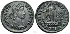 Roman Imperial Coins CONSTANS (337-350). Follis. Siscia. Obv: D N CONSTANS P F AVG. Pearl-diademed, draped and cuirassed bust right. Rev: FEL TEMP REPARATIO / ΔSIS (symbol). Constans standing left in 