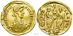 Roman Imperial Coins VALENTINIAN II (375-392). GOLD Solidus. Aquileia. Obv: D N VALENTINIANVS P F AVG. Pearl-diademed, draped and cuirassed bust right. Rev: VICTORIA AVGG / A - Q / COM. Two emperors e