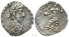 Roman Imperial Coins HONORIUS (393-423). Siliqua. Mediolanum. Obv: D N HONORIVS P F AVG. Diademed, draped and cuirassed bust right. Rev: VIRTVS ROMANORVM / MDPS. Roma seated left on cuirass, holding s