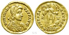 Roman Imperial Coins HONORIUS (393-423). GOLD Solidus. Ravenna. Obv: D N HONORIVS P F AVG. Diademed, draped and cuirassed bust right. Rev: VICTORIA AVGGG / R - V / COMOB. Honorius standing right, with