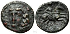 Greek Coins THESSALY. Larissa. Ae Dichalkon (Late 4th-3rd centuries BC). Obv: Head of the nymph Larissa facing slightly left. Rev: ΛAPIΣAIΩN. Warrior, holding spear, on horse rearing right; monogram b