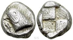 Greek Coins PAPHLAGONIA. Sinope. Drachm (Circa 490-425 BC). Obv: Head of sea-eagle left, with 'talon'; below, dolphin left. Rev: Quadripartite incuse square with two opposing quarters filled, the othe