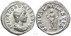 Roman Imperial Coins JULIA SOEMIAS (Augusta, 218-222). Denarius. Rome. Obv: IVLIA SOAEMIAS AVG. Draped bust right. Rev: VENVS CAELESTIS. Venus standing facing, head left, holding apple and sceptre; st