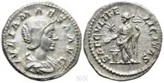 Roman Imperial Coins JULIA MAESA (Augusta, 218-224/5). Denarius. Rome. Obv: IVLIA MAESA AVG. Draped bust right. Rev: SAECVLI FELICITAS. Felicitas standing left, holding caduceus and patera over lighte