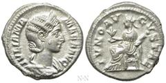 Roman Imperial Coins JULIA MAMAEA (Augusta, 222-235). Denarius. Rome. Obv: IVLIA MAMAEA AVG. Draped bust right, wearing stephane. Rev: IVNO AVGVSTAE. Juno seated left on throne, holding flower and swa