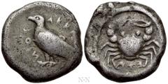 Greek Coins SICILY. Akragas. Didrachm (Circa 495-485 BC). Obv: AKPAΓANTOΣ. Sea eagle standing left. Rev: Crab; A+Ǝ below; all within incuse circle. Westermark, Coinage, Period I, 92; HGC 2, 91. Condit