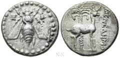 Greek Coins IONIA. Ephesos. Drachm (Circa 202-150 BC). Menedemos, magistrate. Obv: Ε - Φ. Bee. Rev: MENEΔHMO[. Stag standing right; palm tree in background. SNG von Aulock 1846-51 & 7823-9 var. (magis