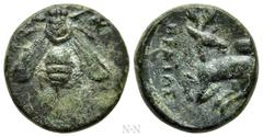 Greek Coins IONIA. Ephesos. Ae (Circa 202-133 BC). Hermias, magistrate. Obv: Ε - Φ. Bee. Rev: EPMIAΣ. Stag kneeling left, head right; astragalos above. SNG Copehagen 247ff. var. (magistrate); BMC 58ff