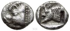 Greek Coins DYNASTS OF LYCIA. Uncertain Dynast (Circa 520-480 BC). Obol. Obv: Head of boar left. Rev: Head of man-headed bull left within incuse square. Müseler II, 13-14 var. (Bull right). Rare Condi