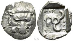 Greek Coins DYNASTS OF LYCIA. Mithrapata (Circa 390-370 BC). Diobol. Uncertain mint. Obv: Facing scalp of lion. Rev: Triskeles; astragalos in field; all within incuse square. Müseler VII.81-3; SNG von