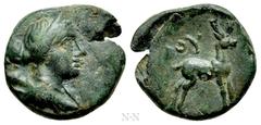 Greek Coins LYCIA. Bubon. Ae (2nd-1st centuries BC). Obv: Draped bust of Artemis right, quiver over shoulder. Rev: BOY. Stag standing right. SNG von Aulock 4286; Lindgren III, 626. Condition: Very fin