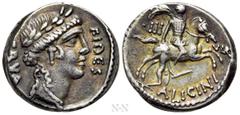 Roman Republican Coins A. LICINIUS NERVA. Denarius (47 BC). Rome. Obv: FIDES / NERVA. Laureate head of Fides right. Rev: III - VIR / A LICINI. Soldier, with head left, on horse galloping right, draggi