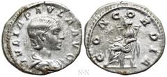 Roman Imperial Coins JULIA PAULA (Augusta, 219-220). Denarius. Rome. Obv: IVLIA PAVLA AVG. Draped bust right. Rev: CONCORDIA. Concordia seated left on throne, holding patera; star to left. RIC 211 (El