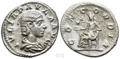 Roman Imperial Coins JULIA PAULA (Augusta, 219-220). Denarius. Rome. Obv: IVLIA PAVLA AVG. Draped bust right. Rev: CONCORDIA. Concordia seated left on throne, holding patera; star to left. RIC 211 (El
