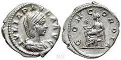 Roman Imperial Coins JULIA PAULA (Augusta, 219-220). Denarius. Rome. Obv: IVLIA PAVLA AVG. Draped bust right. Rev: CONCORDIA. Concordia seated left on throne, holding patera; star to left. RIC 211 (El