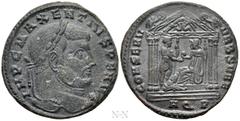 Roman Imperial Coins MAXENTIUS (307-312). Follis. Aquileia. Obv: IMP C MAXENTIVS P F AVG. Laureate head right. Rev: CONSERV VRB SVAE / AQP. Roma seated left on shield, holding spear and presenting glo