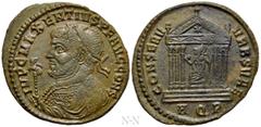Roman Imperial Coins MAXENTIUS (307-312). Follis. Aquileia. Obv: IMP C MAXENTIVS P F AVG CONS. Laureate and mantled bust left, holding eagle-tipped sceptre. Rev: CONSERV VRB SVAE / AQP. Roma seated wi