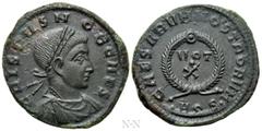 Roman Imperial Coins CRISPUS (Caesar, 316-326). Follis. Aquileia. Obv: CRISPVS NOB CAES. Laureate, draped and cuirassed bust right. Rev: CAESARVM NOSTRORVM / •AQS•. VOT / • / X within wreath. RIC 97. 