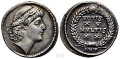 Roman Imperial Coins CONSTANTIUS II (337-361). Siliqua. Antioch. Obv: Diademed bust right, with eyes raised to heaven. Rev: VOTIS / XV / MVLTIS / XX / ANT. Legend in four lines within wreath. RIC 35. 