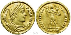 Roman Imperial Coins VALENS (364-378). GOLD Solidus. Antioch. Obv: D N VALENS PER F AVG. Pearl-diademed, draped and cuirassed bust right. Rev: RESTITVTOR REIPVBLICAE / •/ANTΘ•. Valens standing facing,