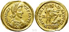 Roman Imperial Coins HONORIUS (393-423). GOLD Solidus. Ravenna. Obv: D N HONORIVS P F AVG. Diademed, draped and cuirassed bust right. Rev: VICTORIA AVGGG / R - V / COMOB. Honorius standing right, with