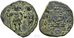 Byzantine Coins HERACLIUS, with HERACLIUS CONSTANTINE (610-641). Follis. Constantinople. Dated RY 20 (629/30). Obv: Heraclius, holding long cross, and Heraclius Constantine, holding globus cruciger, s