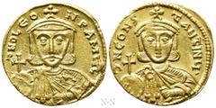 Byzantine Coins LEO III THE "ISAURIAN", with CONSTANTINE V (717-741). GOLD Solidus. Constantinople. Obv: δ N O LЄON P A MЧL. Crowned and draped facing bust of Leo, holding globus cruciger and akakia. 