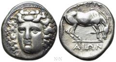 Greek Coins THESSALY. Larissa. Drachm (Circa 365-356 BC). Obv: Head of the nymph Larissa facing slightly left, with hair in ampyx. Rev: ΛΑΡΙΣ / ΑΙΩΝ. Horse standing right, preparing to lie down. BCD T