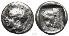 Greek Coins TROAS. Assos. Triobol or Hemidrachm (Mid-late 5th century BC). Obv: Helmeted head of Athena left. Rev: AΣΣION (partially retrograde). Head of lion left within incuse square. Numismatik Nau