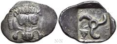 Greek Coins DYNASTS OF LYCIA. Mithrapata (Circa 390-370 BC). Stater. Obv: Facing lion scalp. Rev: Triskeles; to left, head of Hermes facing slightly left, wearing petasos, with kerykeion to left; all 