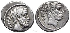 Roman Republican Coins Q. SERVILIUS CAEPIO (M. JUNIUS) BRUTUS. Denarius (54 BC). Rome. Obv: BRVTVS. Bare head of L. Junius Brutus right. Rev: AHALA. Bare head of C. Servilius Ahala right. Crawford 433