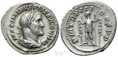Roman Imperial Coins MAXIMINUS THRAX (235-238). Denarius. Rome. Obv: MAXIMINVS PIVS AVG GERM. Laureate, draped and cuirassed bust right. Rev: P M TR P III COS P P. Emperor standing left with spear, fl