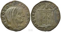 Roman Imperial Coins DIVUS CONSTANTIUS I (Died 306). Follis. Aquileia. Struck under Maxentius. Obv: DIVO CONSTANTIO AVG. Veiled and draped bust right. Rev: MEMORIA DIVI CONSTANTI / AQP. Altar, with do