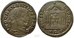 Roman Imperial Coins MAXENTIUS (307-312). Follis. Aquileia. Obv: IMP C MAXENTIVS P F AVG. Laureate head right. Rev: CONSERV VRB SVAE / AQΓ. Hexastyle temple, containing Roma seated left on throne, hol