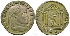 Roman Imperial Coins MAXENTIUS (307-312). Follis. Rome. Obv: IMP C MAXENTIVS P F AVG. Laureate head right. Rev: CONSERV VRB SVAE / RBQ. Hexastyle temple, with wreath in pediment and containing Roma, w