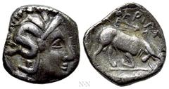Greek Coins LUCANIA. Thourioi. Triobol (Circa 350-300 BC). Obv: Head of Athena right, wearing crested Attic helmet decorated with Skylla; T on neckguard. Rev: ΘΟΥΡΙΩΝ. Bull butting right; EYΦA above. 
