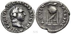 Roman Imperial Coins VITELLIUS (69). Denarius. Rome. Obv: A VITELLIVS GERM IMP AVG TR P. Laureate head right. Rev: XV VIR SACR FAC. Tripod surmounted by dolphin right; below, raven right. RIC² 109. Co