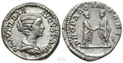Roman Imperial Coins PLAUTILLA (Augusta, 202-205). Denarius. Rome. Obv: PLAVTILLAE AVGVSTAE. Draped bust right. Rev: PROPAGO IMPERI. Plautilla standing right, clasping hands with Caracalla standing le