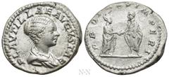 Roman Imperial Coins PLAUTILLA (Augusta, 202-205). Denarius. Rome. Obv: PLAVTILLAE AVGVSTAE. Draped bust right. Rev: PROPAGO IMPERI. Plautilla standing right, clasping hands with Caracalla standing le