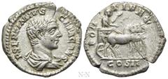Roman Imperial Coins GETA (Caesar, 198-209). Denarius. Rome. Obv: P SEPTIMIVS GETA CAES. Bare-headed and draped bust right. Rev: PONTIFEX / COS II. Geta, holding eagle-tipped sceptre, standing in triu