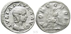 Roman Imperial Coins JULIA PAULA (Augusta, 219-220). Denarius. Rome. Obv: IVLIA PAVLA AVG. Draped bust right. Rev: CONCORDIA. Concordia seated left on throne, holding patera; star to left. RIC 211 (El