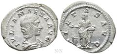 Roman Imperial Coins JULIA MAESA (Augusta, 218-224/5). Denarius. Rome. Obv: IVLIA MAESA AVG. Draped bust right. Rev: PIETAS AVG. Pietas standing left, holding box and dropping incense onto lighted alt