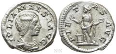Roman Imperial Coins JULIA MAESA (Augusta, 218-224/5). Denarius. Rome. Obv: IVLIA MAESA AVG. Draped bust right. Rev: PIETAS AVG. Pietas standing left, holding box and dropping incense onto lighted alt