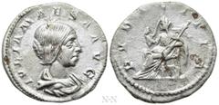 Roman Imperial Coins JULIA MAESA (Augusta, 218-224/5). Denarius. Rome. Obv: IVLIA MAESA AVG. Draped bust right. Rev: PVDICITIA. Pudicitia seated left on throne, drawing veil from face and holding scep