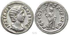 Roman Imperial Coins JULIA MAMAEA (Augusta, 222-235). Denarius. Rome. Obv: IVLIA MAMAEA AVG. Draped bust right, wearing stephane. Rev: FELICITAS PVBLICA. Felicitas standing facing, head left, holding 